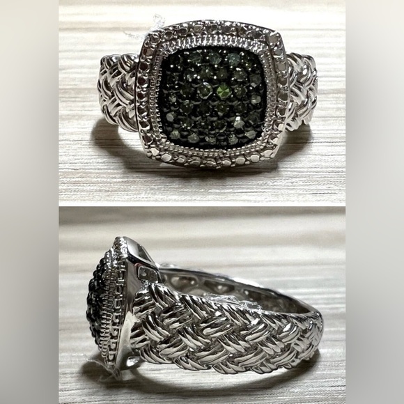 Designer Signed (JS) Sterling Silver Green Pave Diamond Ring, Size 7, 6.9g - Picture 1 of 9
